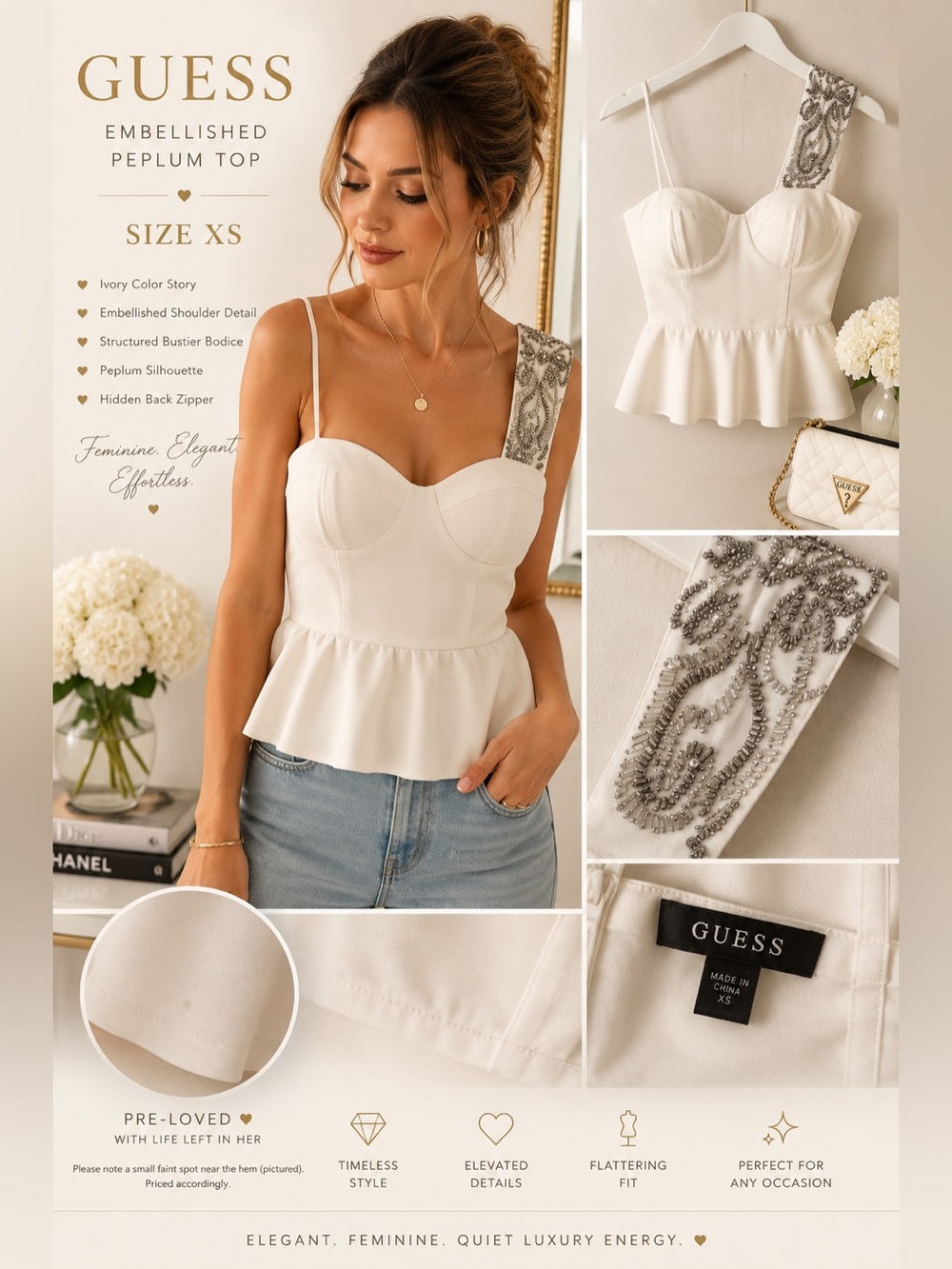 GUESS Ivory Embellished Peplum Bustier Top